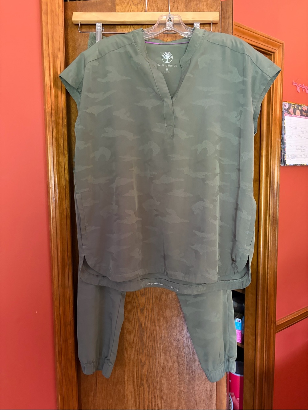 Healing Hands Women’s camo Olive Green Scrub Set - V-Neck Top & Jogger Pants